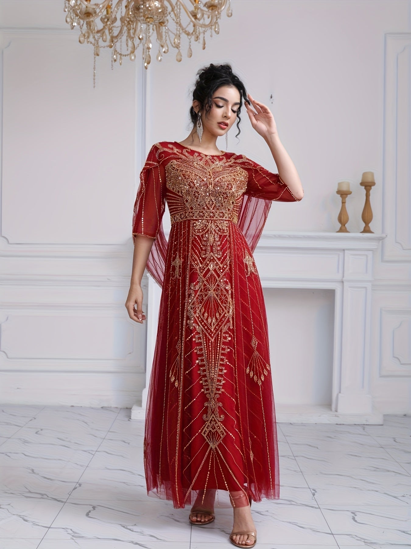 Women's Sequin Beaded Embroidery Evening Dress Fitted Bodice Wedding Gown