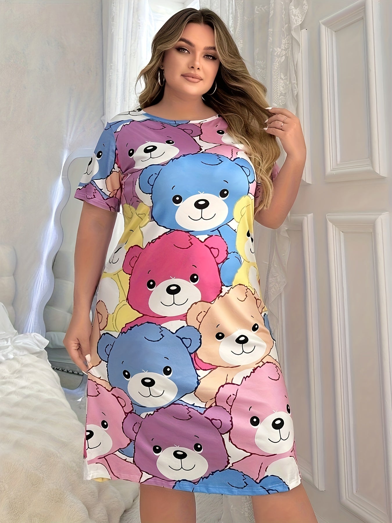 Plus Size Girls Night Dress Cartoon Bear Print Short Sleeve Sleepwear