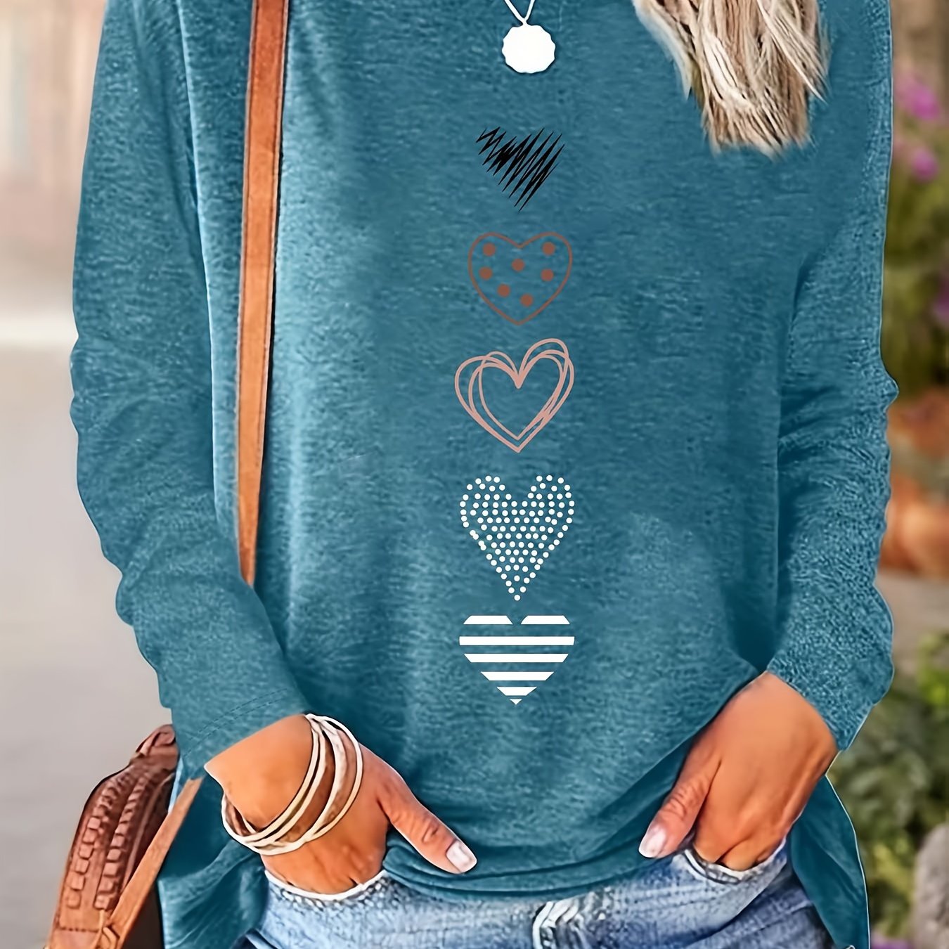 Women's Long Sleeve Rayon Blend T-Shirt with Heart Print Casual Spring Fall