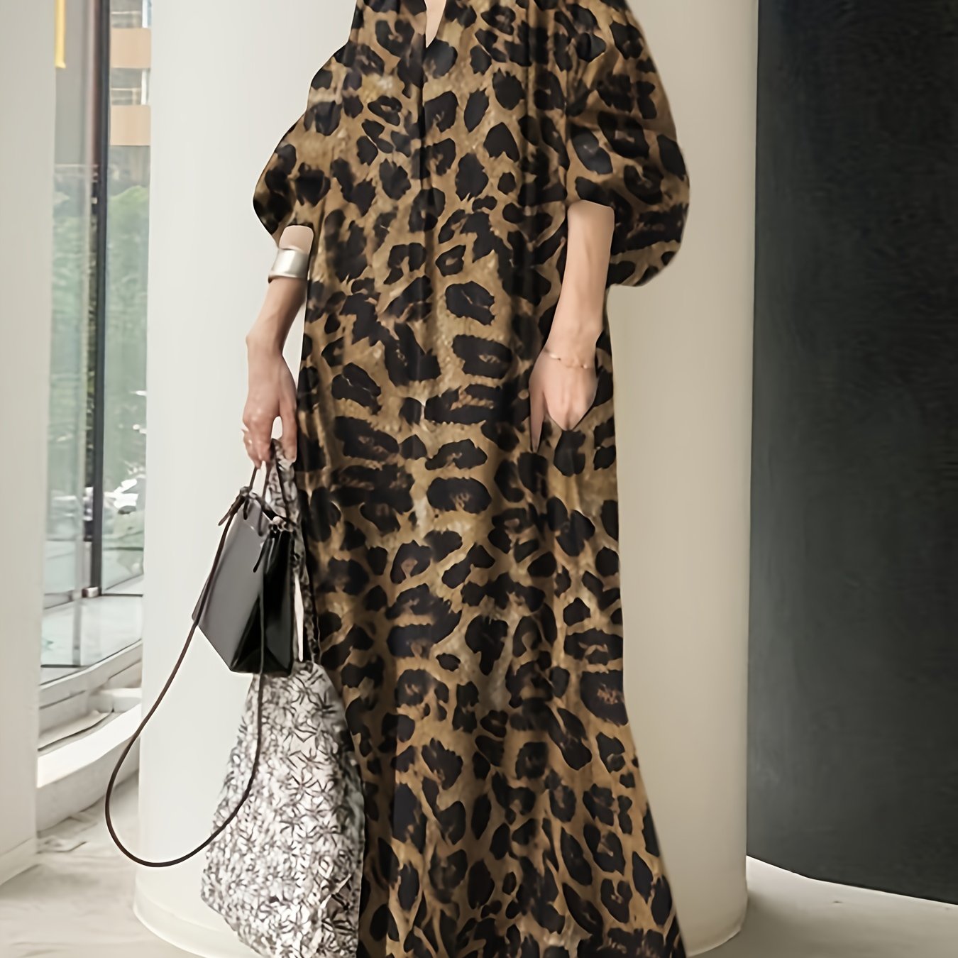 Leopard Print Notched Neck Dress with Lantern Sleeves for Women
