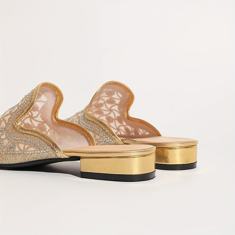 Women's Metallic Rhinestone Pointed Toe Chunky Heel Mules Shoes