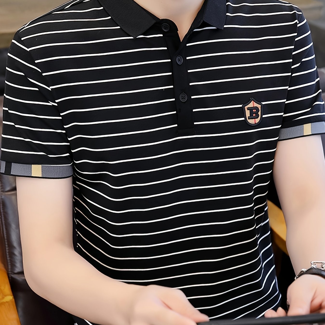 Men's Striped Cotton Golf Shirt Short Sleeve Embroidered Print Casual Lapel Summer Outdoor