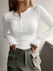 Women's Long Sleeve Knit Top Solid Color Crew Neck Button Detail Polyester Spandex Spring Fall