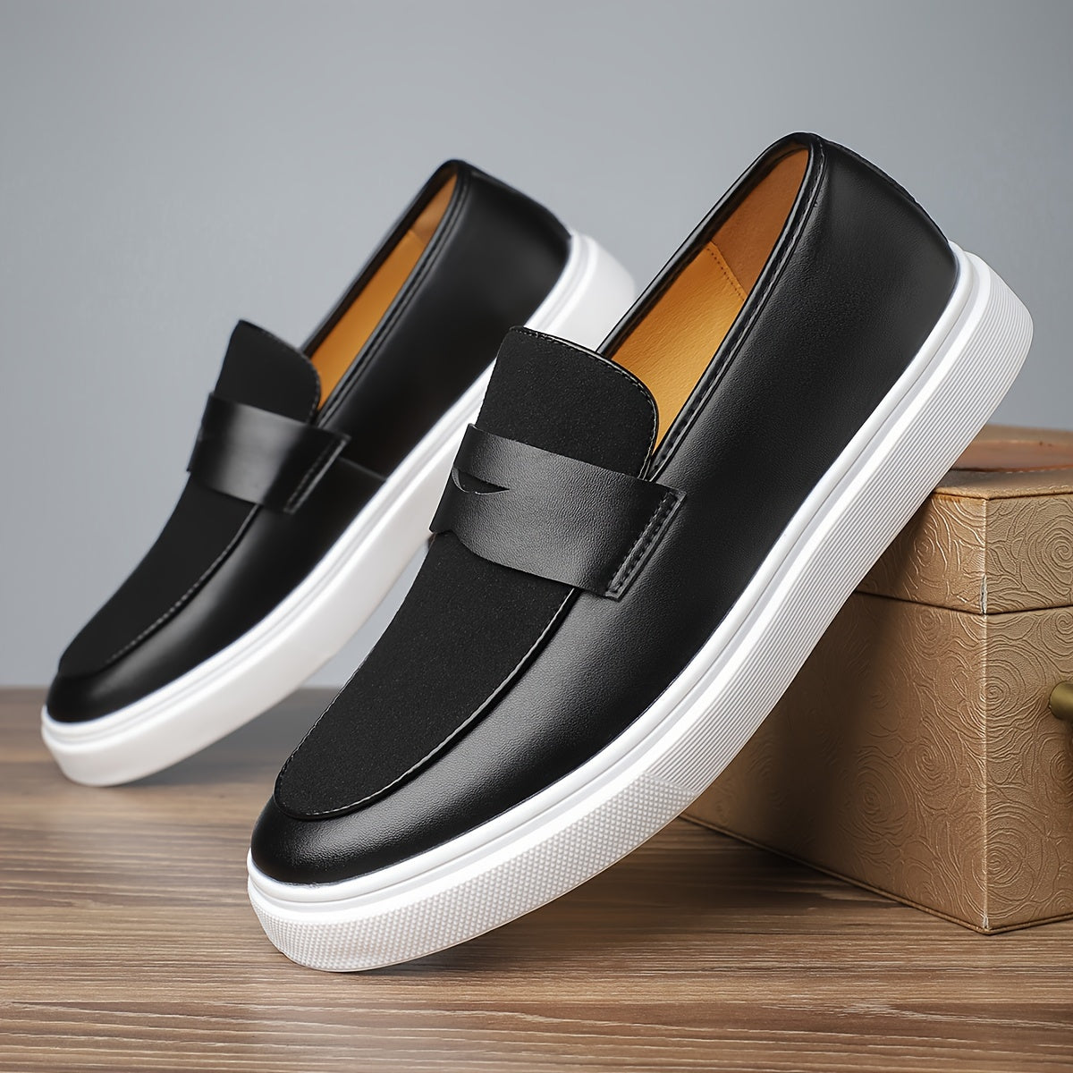 Men's Slip-On Sneakers Low Top Solid PU Rubber Sole Casual Shoes