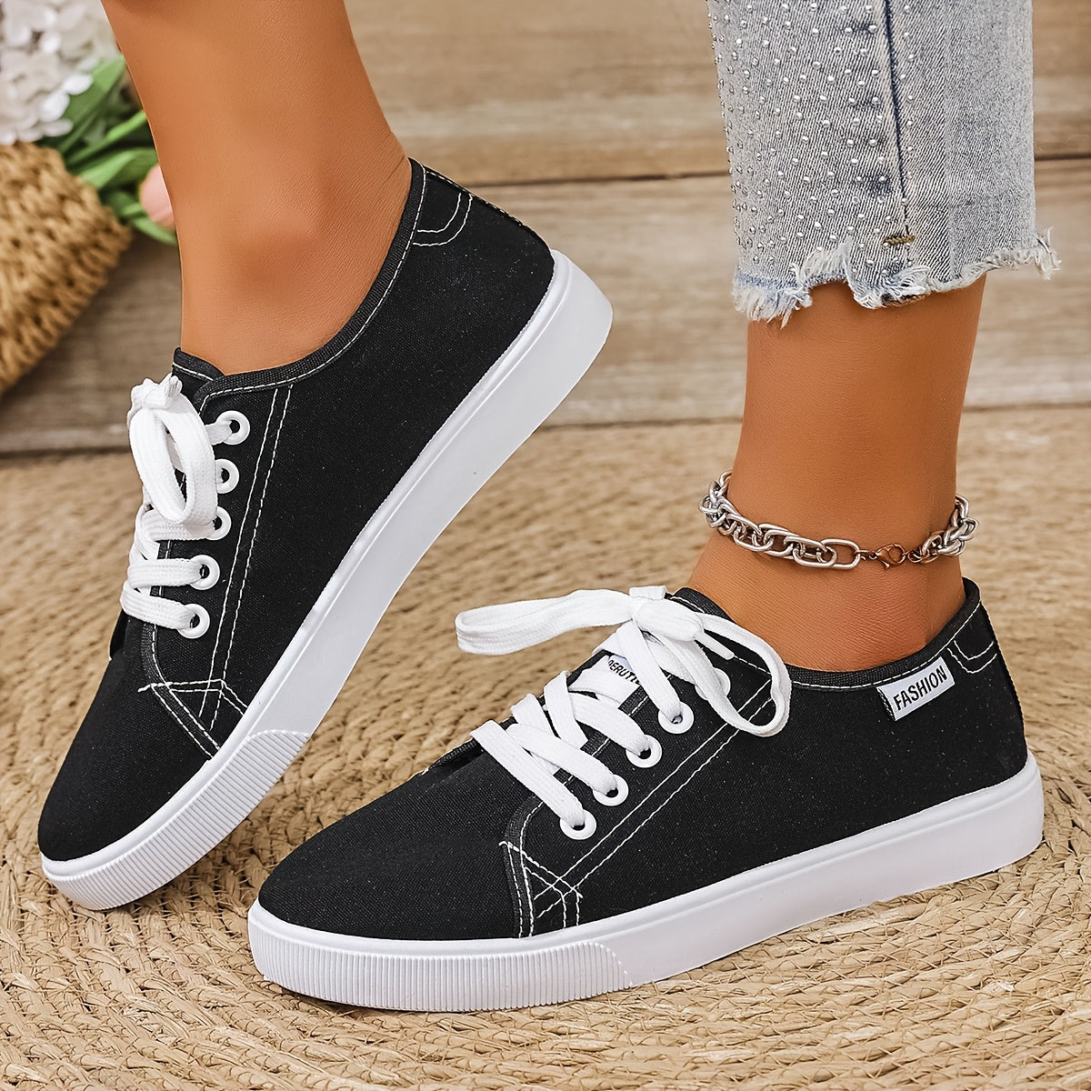 Women's Slip-On Sneakers Soft Fabric Upper Non-Slip Sole Black White Casual Shoes