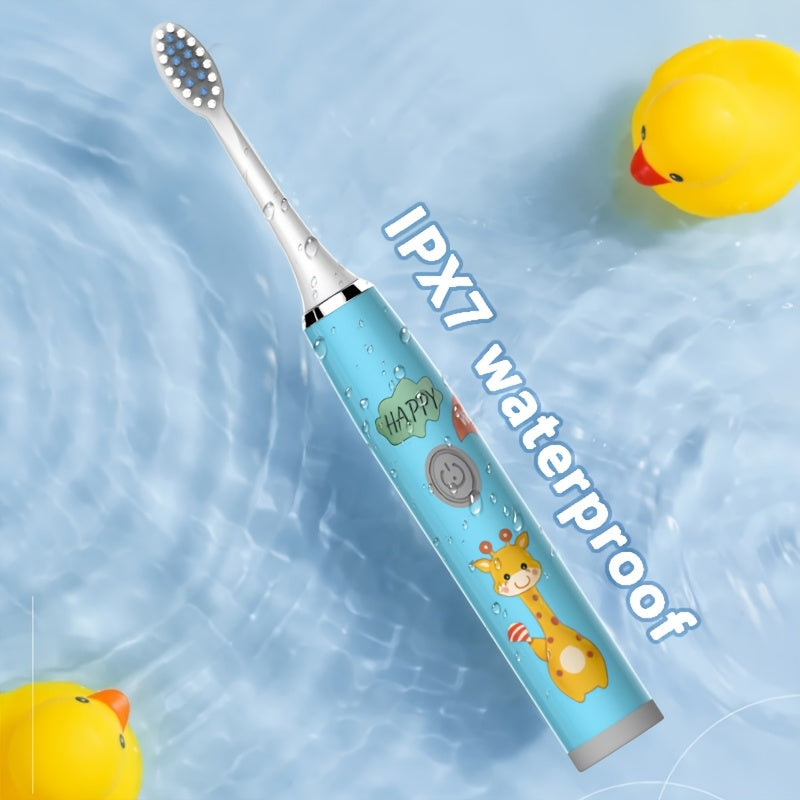 Kids Electric Toothbrush Blue White Giraffe Design Battery Powered for Ages 3-15