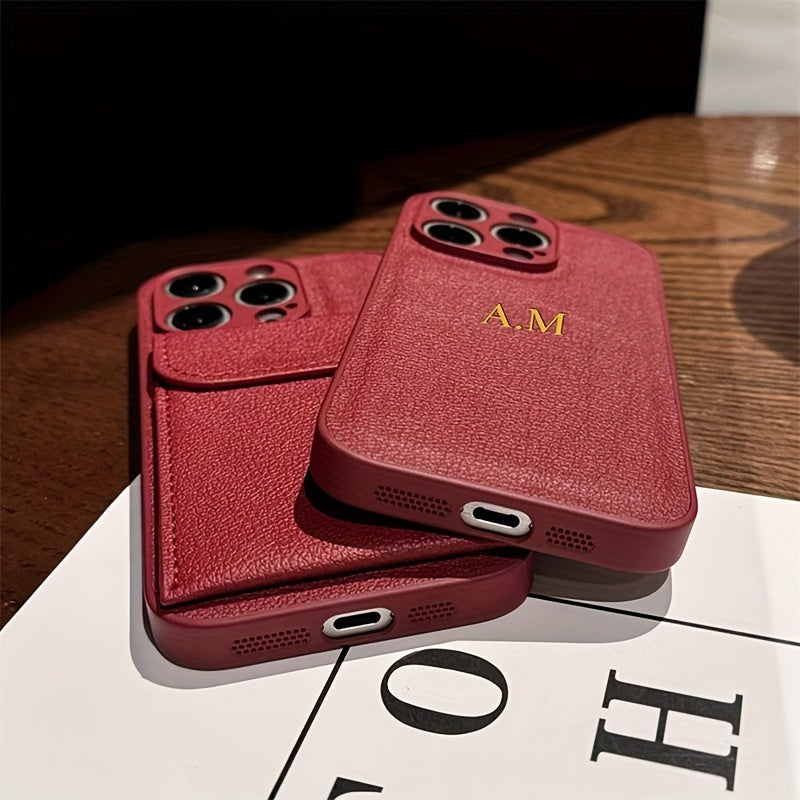 Golden Letter Faux Leather Phone Case for iPhone with Card Slot Shockproof Back Cover