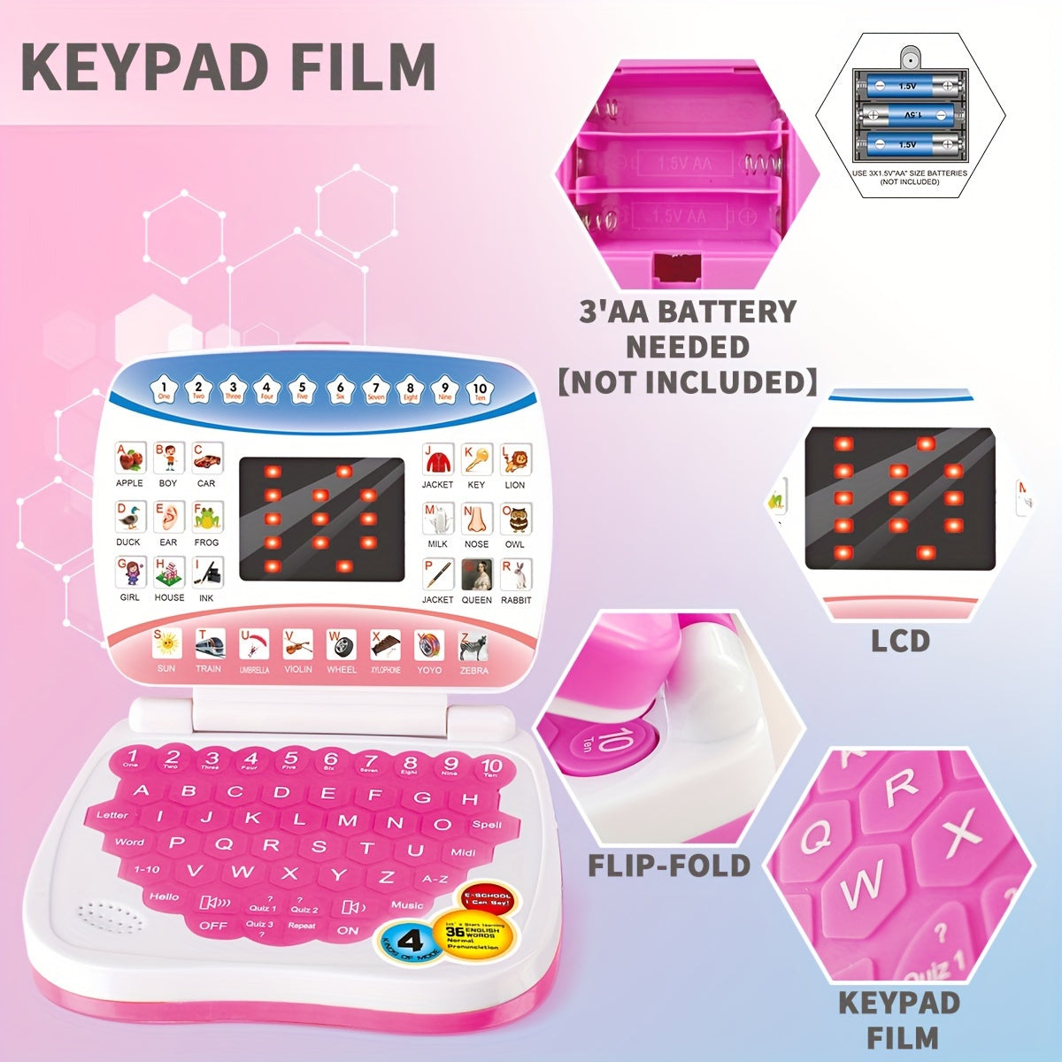 Mini Educational Laptop Toy for Kids 3+ with Letters Numbers and Music White Blue Pink