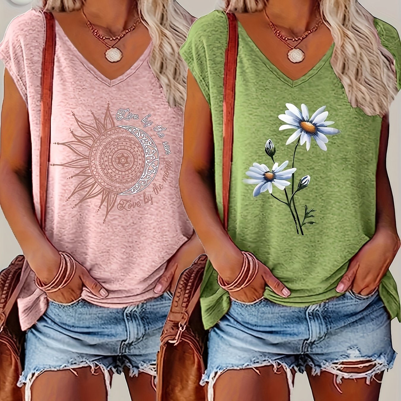 Women's V-Neck T-Shirts, Short Sleeve, Casual Spring Summer, 2 Pack