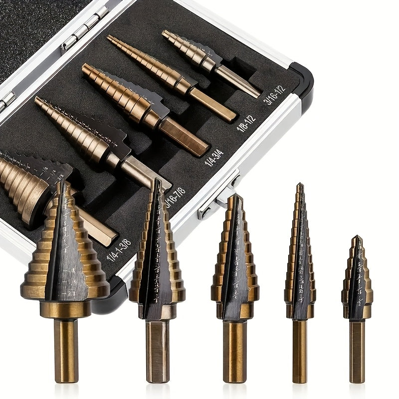 5-Piece Black Fillister Head Step Drill Bit Set for Metal and Wood with Aluminum Case