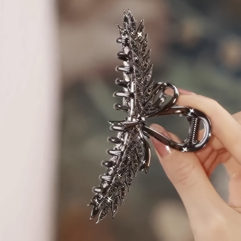 Elegant Gray Bow Hairpin with Rhinestone Wheat Ear Design for Women