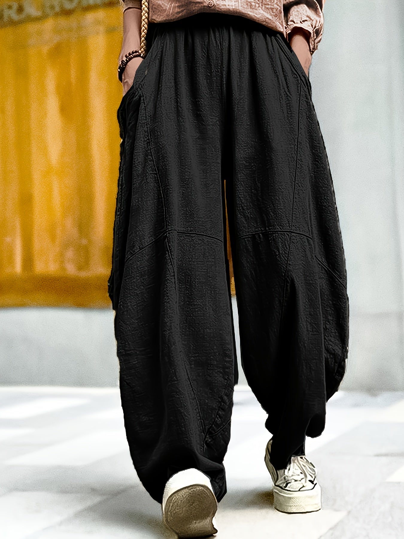 Women's Black Harem Pants with Elastic Waist and Side Pockets