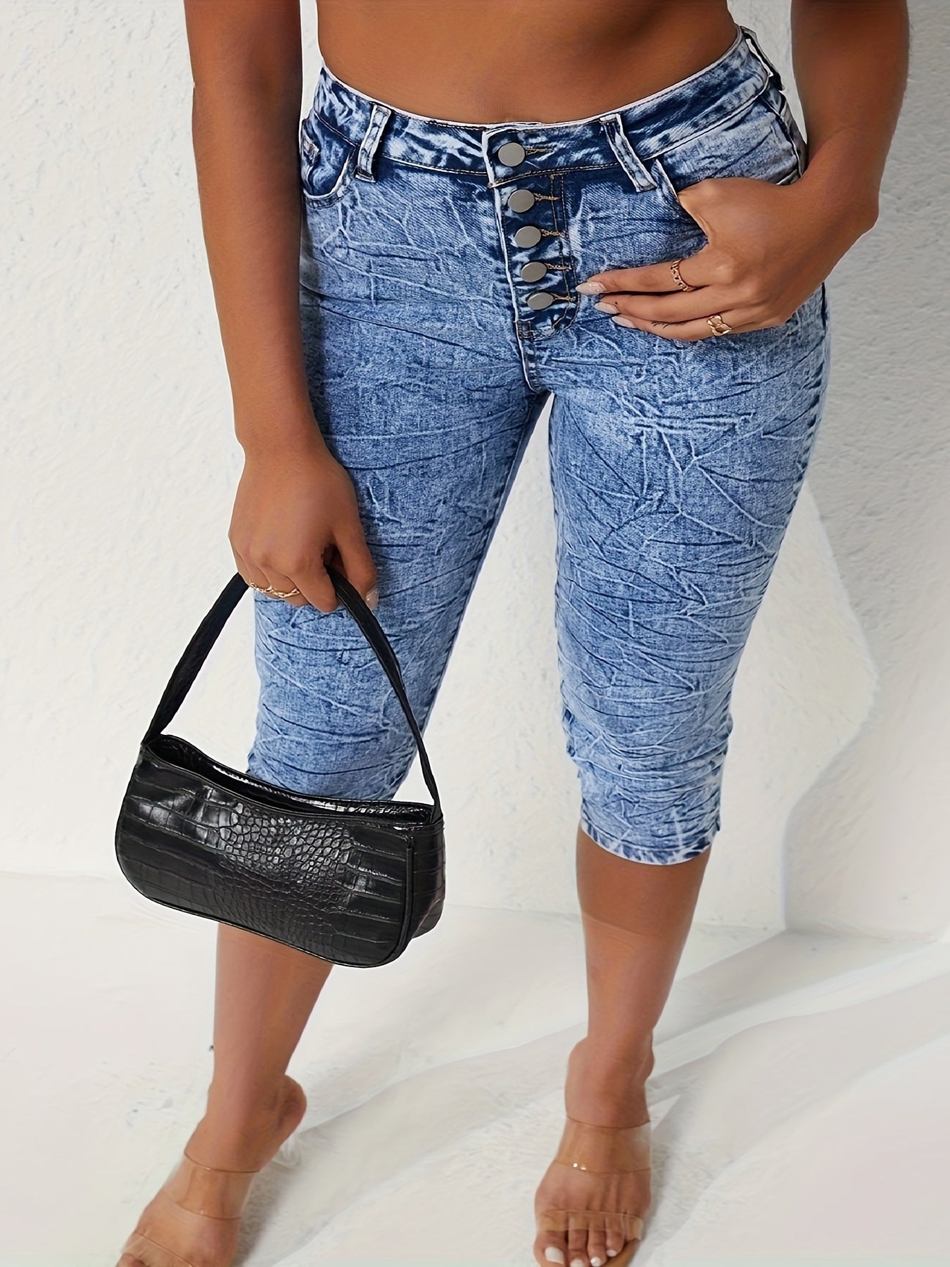 Women's Plus Size Tie-Dye High-Waist Denim Cropped Pants