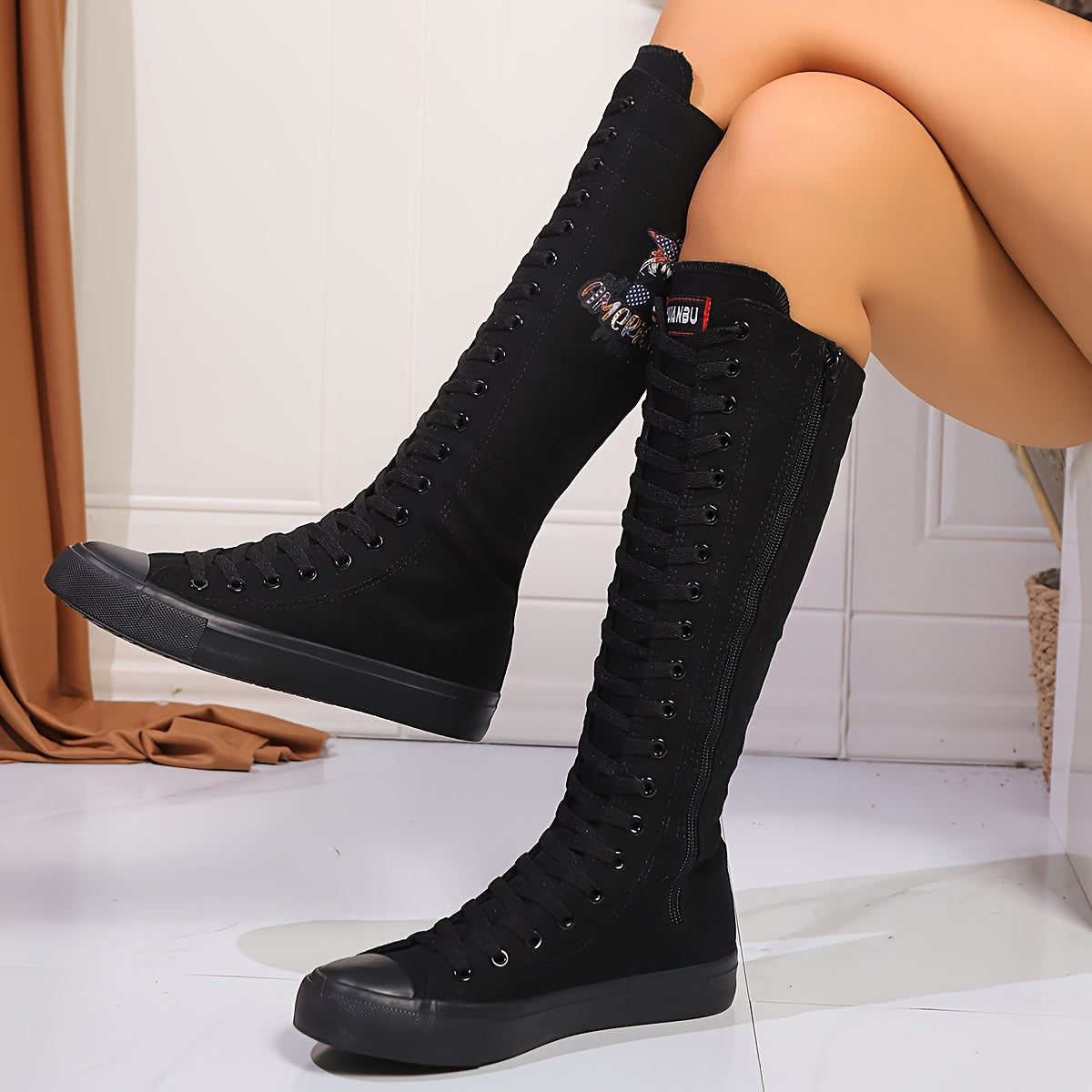 Women's Knee-High Boots Leather Flat Heel American Flag Motorcycle Print