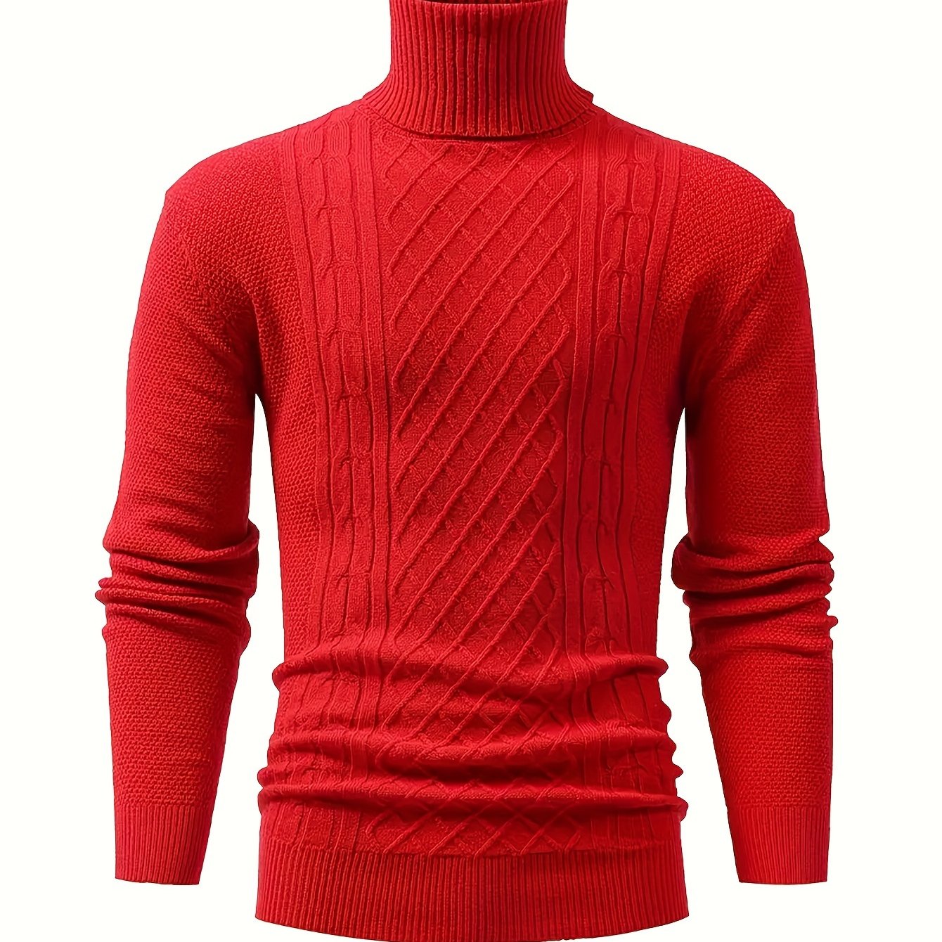Men's Cable Knit Turtleneck Sweater Fall Winter Long Sleeve Solid Color Stretch Pullover