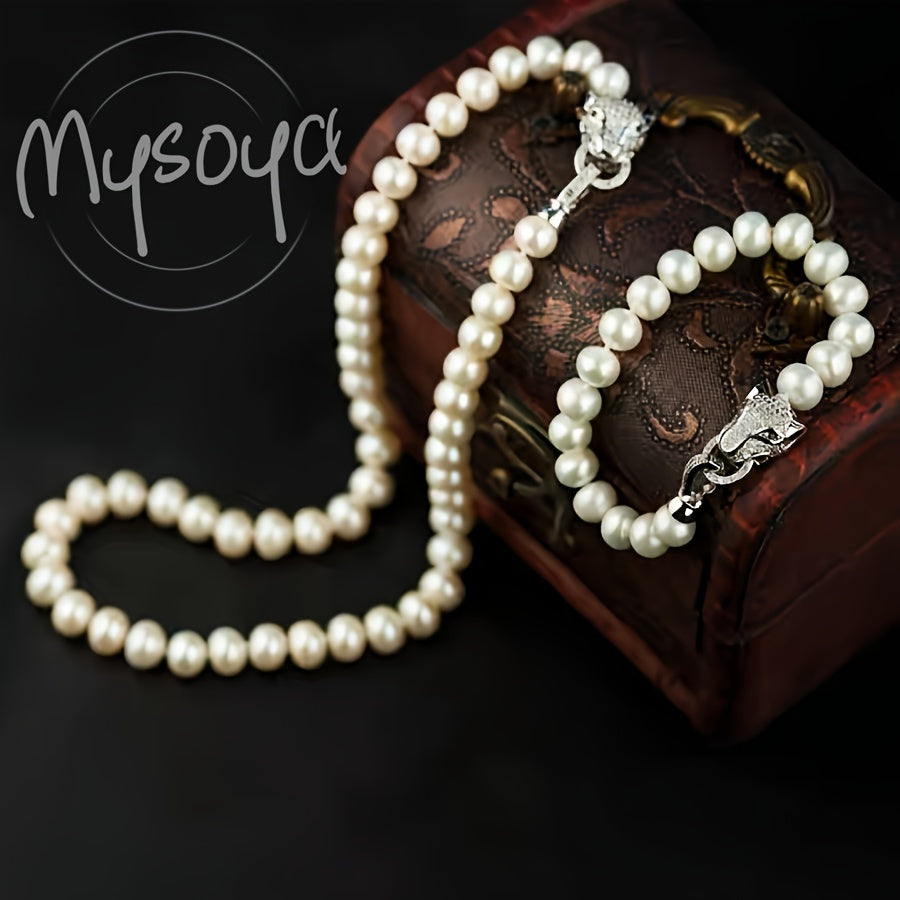 Unisex Pearl Jewelry Set with Leopard Head Clasp and 8-9mm Freshwater Pearls