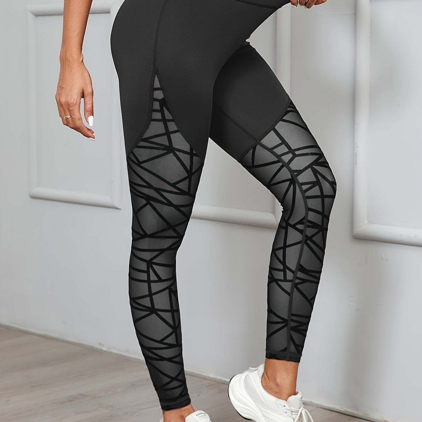 Women's High Waist Geometric Mesh Leggings for Yoga and Fitness Medium Stretch Polyester
