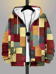 Men's Plus Size Hooded Zip-Up Jacket with Knit Polyester and Random Print