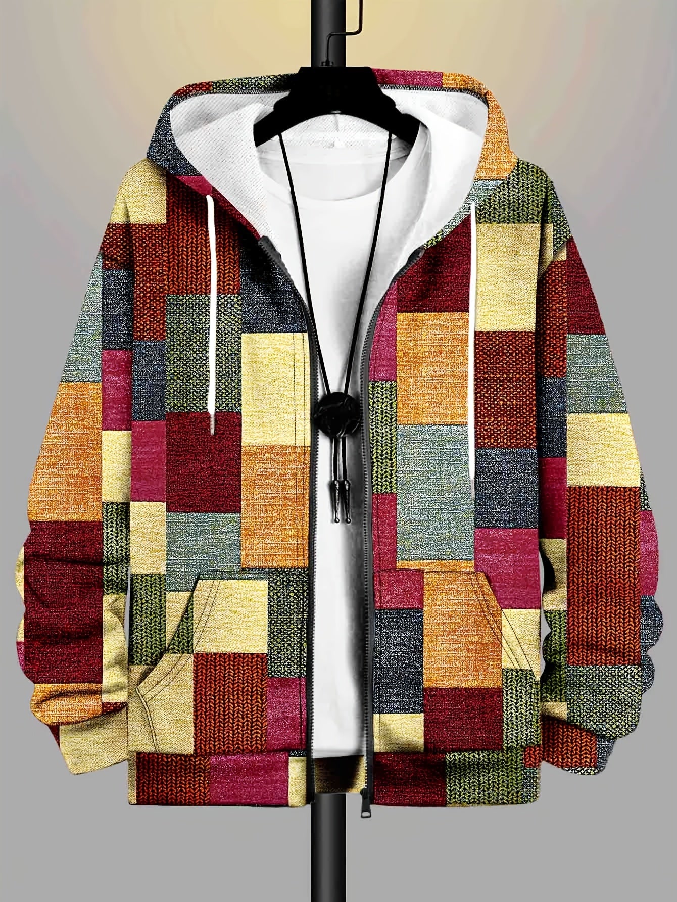 Men's Plus Size Hooded Zip-Up Jacket with Knit Polyester and Random Print