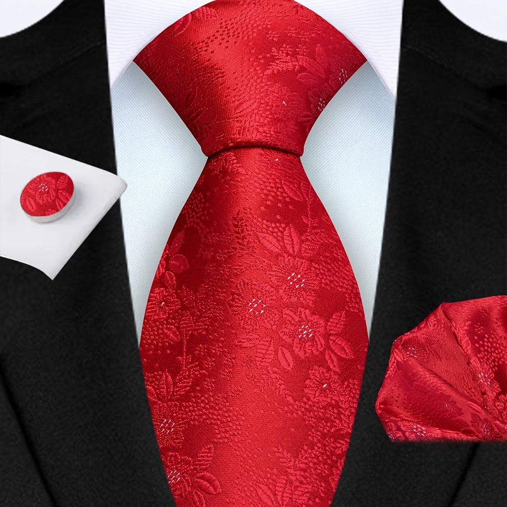 Men's 3-Piece Tie Set Floral Design Polyester Necktie Pocket Square Cufflinks for Weddings Business