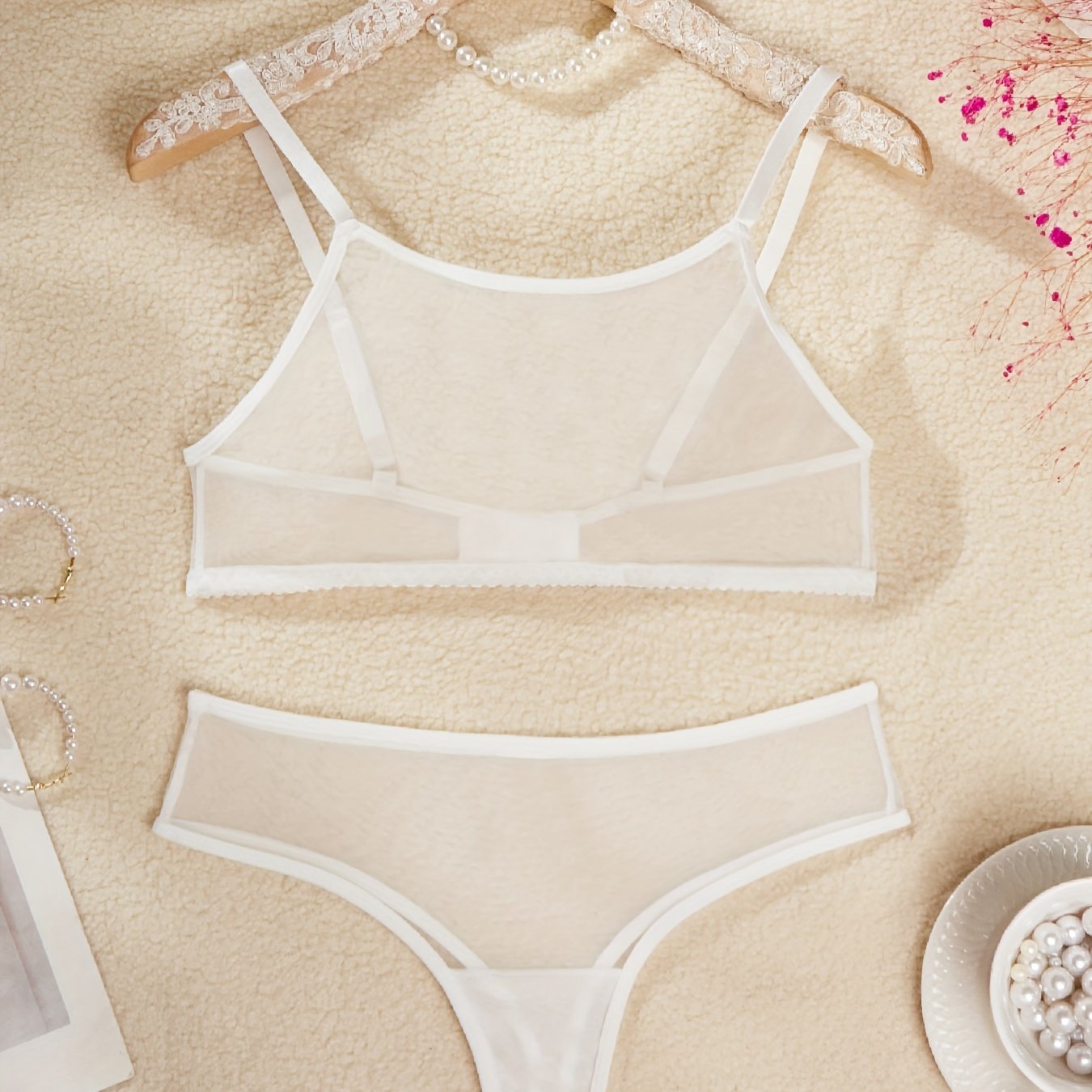 Women's Mesh Semi Sheer Lingerie Set Cami Bra Thong Sexy Underwear