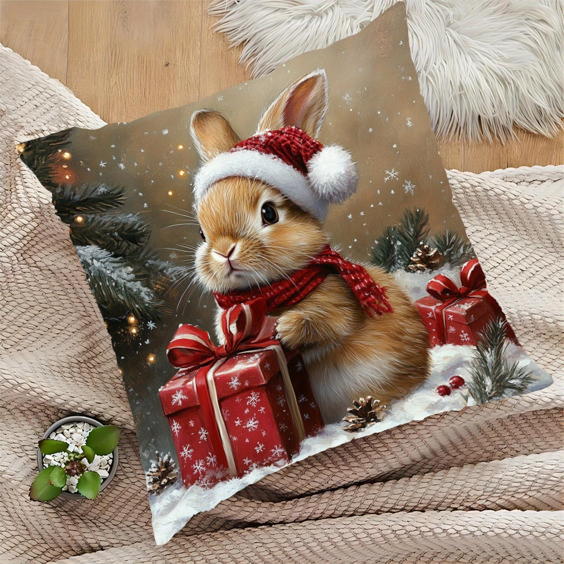 Short Plush Decorative Pillow 45.72cm Brown Rabbit Christmas Sofa Bedroom Decor