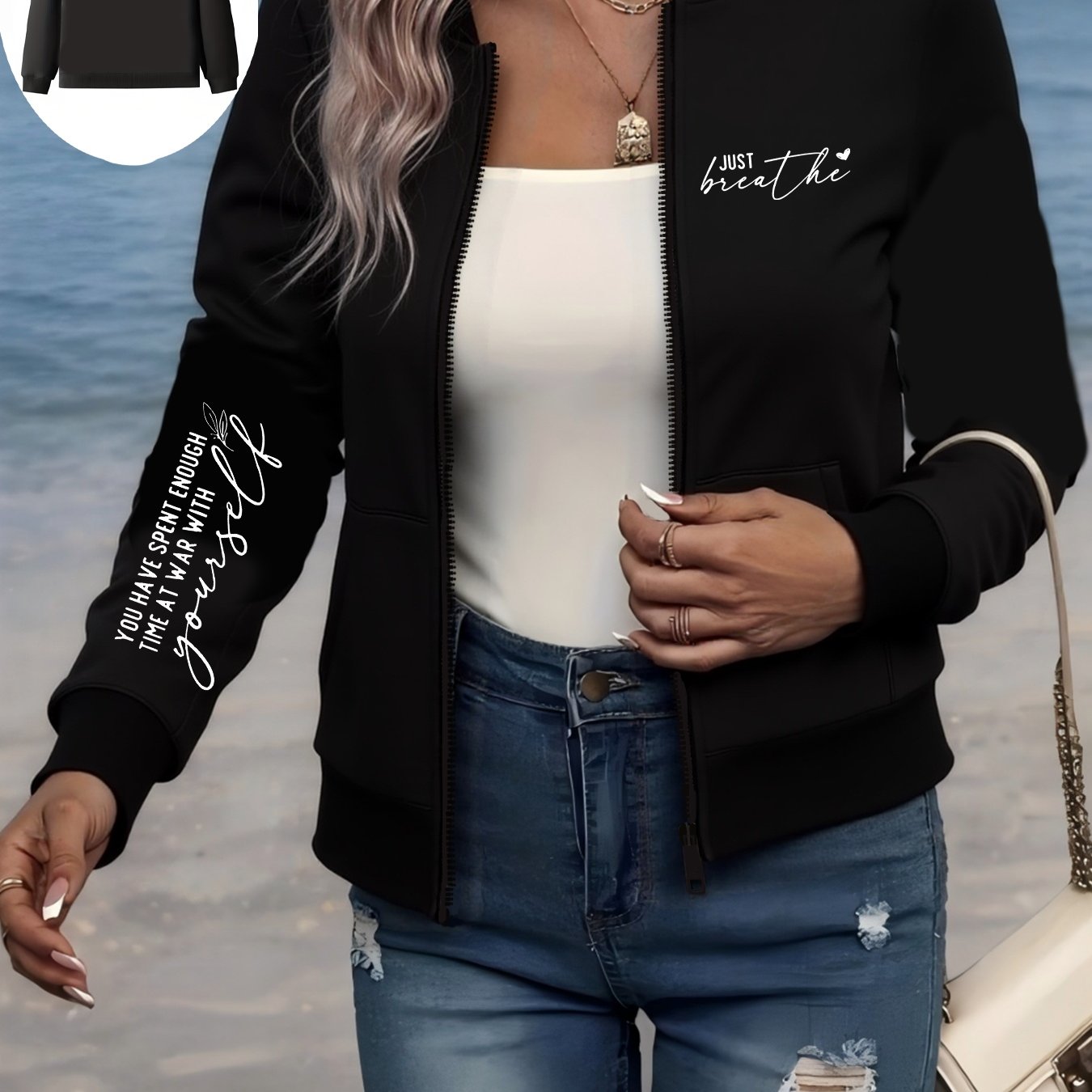 Women's Plus Size Black Casual Bomber Jacket with "Just Breathe" Print