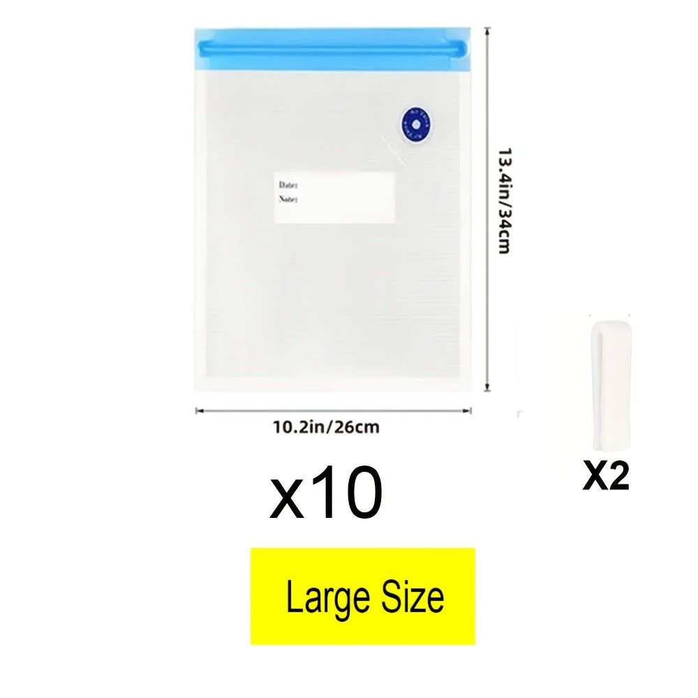 12-pack vacuum food storage bags with zipper, includes 10 bags 2 clips