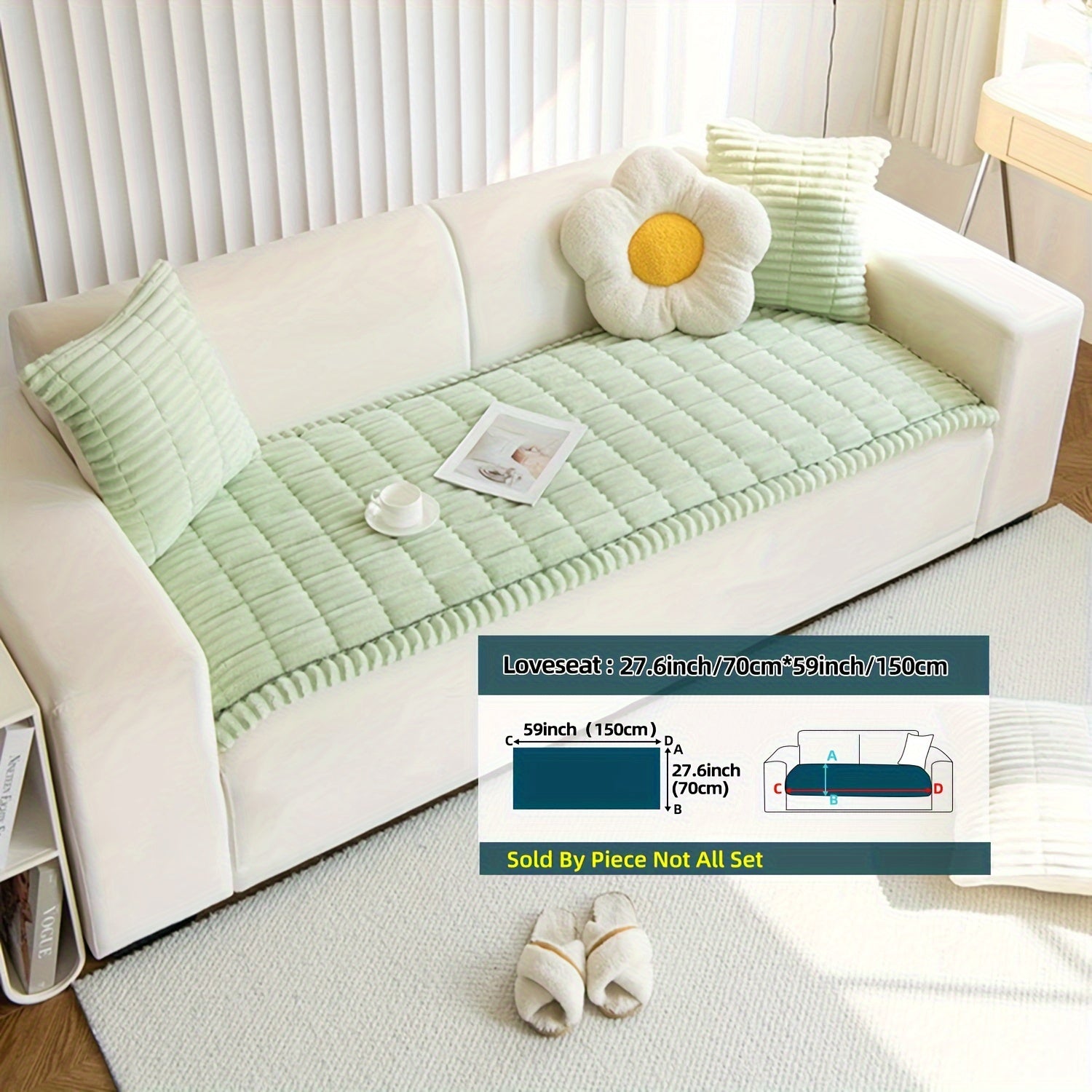 Boho Style Quilted Short Plush Sofa Cover with Ruffle Design Non-Slip Pet Friendly Machine Washable