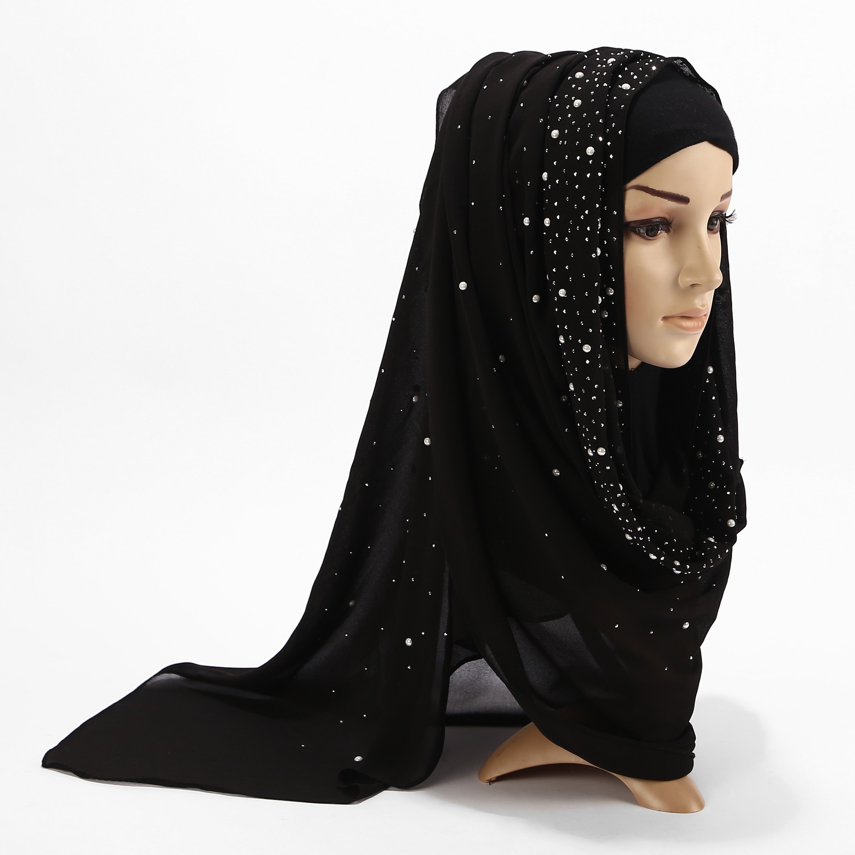 Chiffon Scarf with Rhinestone Detail Solid Color Hijab Turban Head Wrap for Full Cover