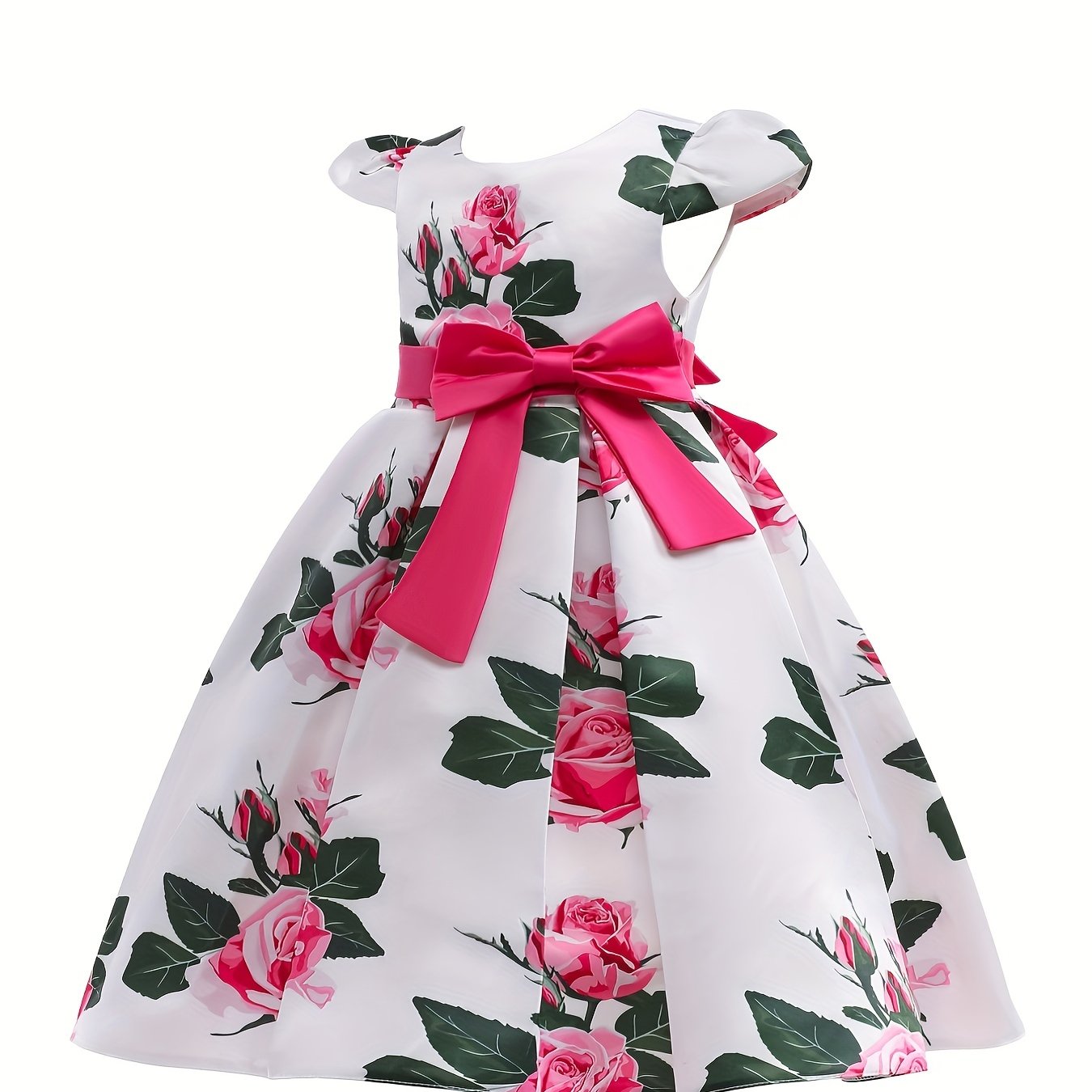 Girls Floral Print Midi Dress with Bowknot and Lace-up Details for Elegant Kids