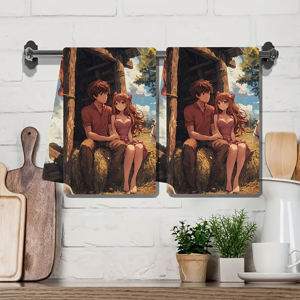 Set of 2 Ultra-Soft Kitchen Towels Anime Couple Heart Hay Bale Farm Absorbent 40x60 cm