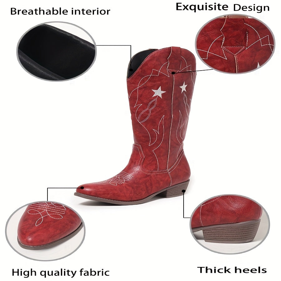 Women's Faux Leather Cowboy Boots with Star Design and Mid-Heel