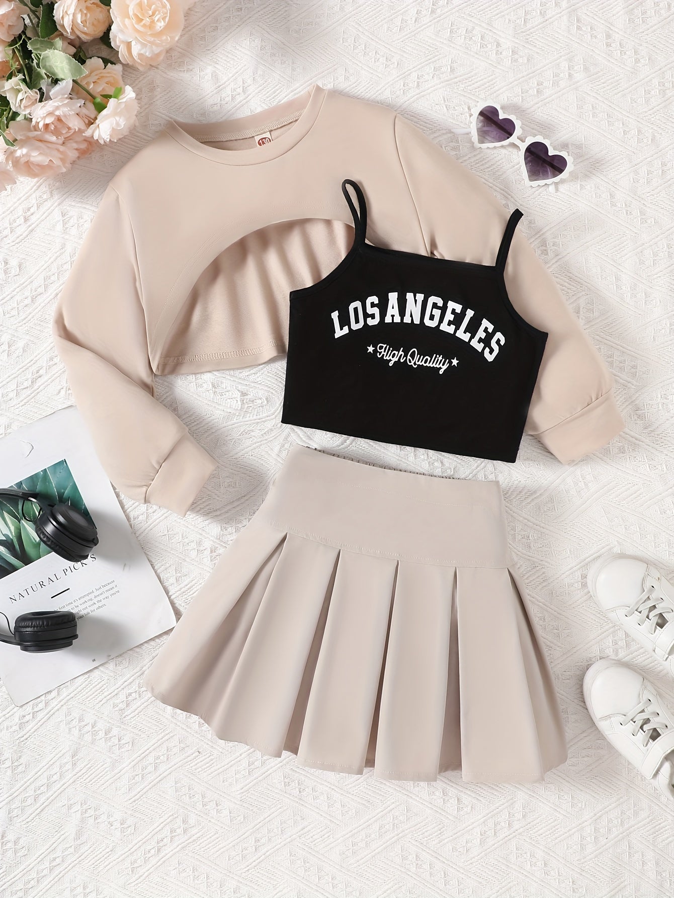 Детский комплект одежды для улицы с блузкой с длинным рукавом и плиссированной юбкой из полиэстера для весны и осени