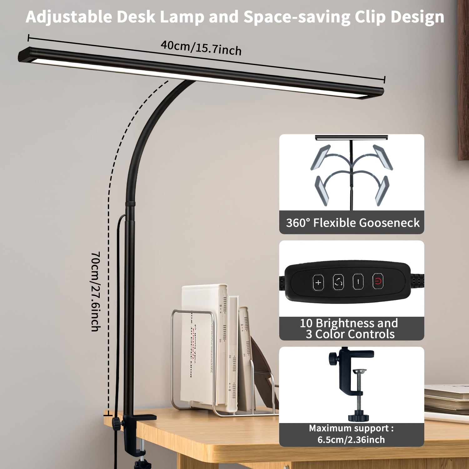 Black LED Desk Lamp with Clamp Dimmable Adjustable Brightness and USB Charging
