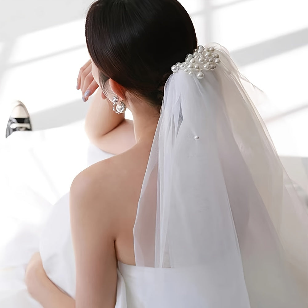 Pin de cabello nupcial con perla falsa y velo de doble capa para mujeres