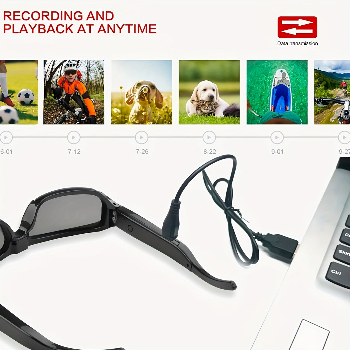 Gafas de vídeo HD para deportes y reuniones 1080P, ángulo amplio de 75°, memoria de 64GB incluida