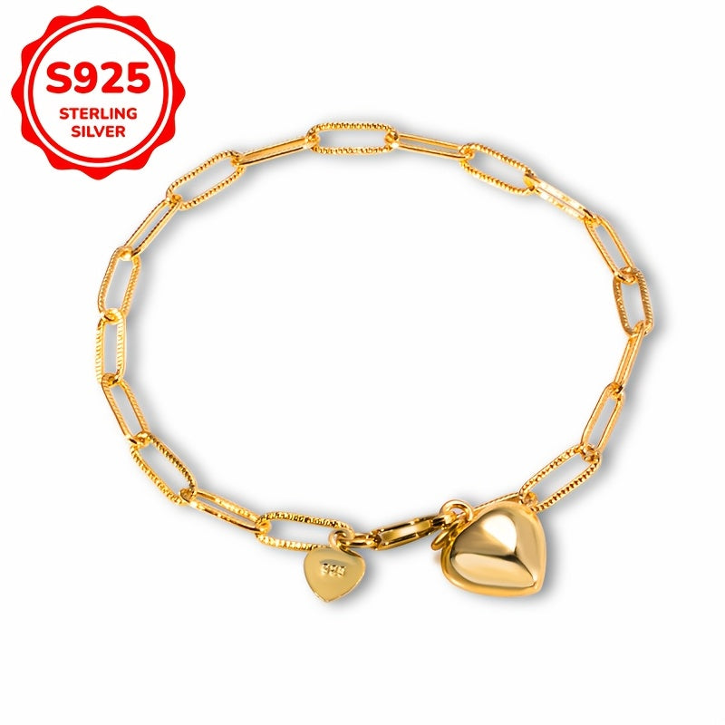 Silver Heart Pendant Rectangular Safety Pin Chain Bracelet for Women