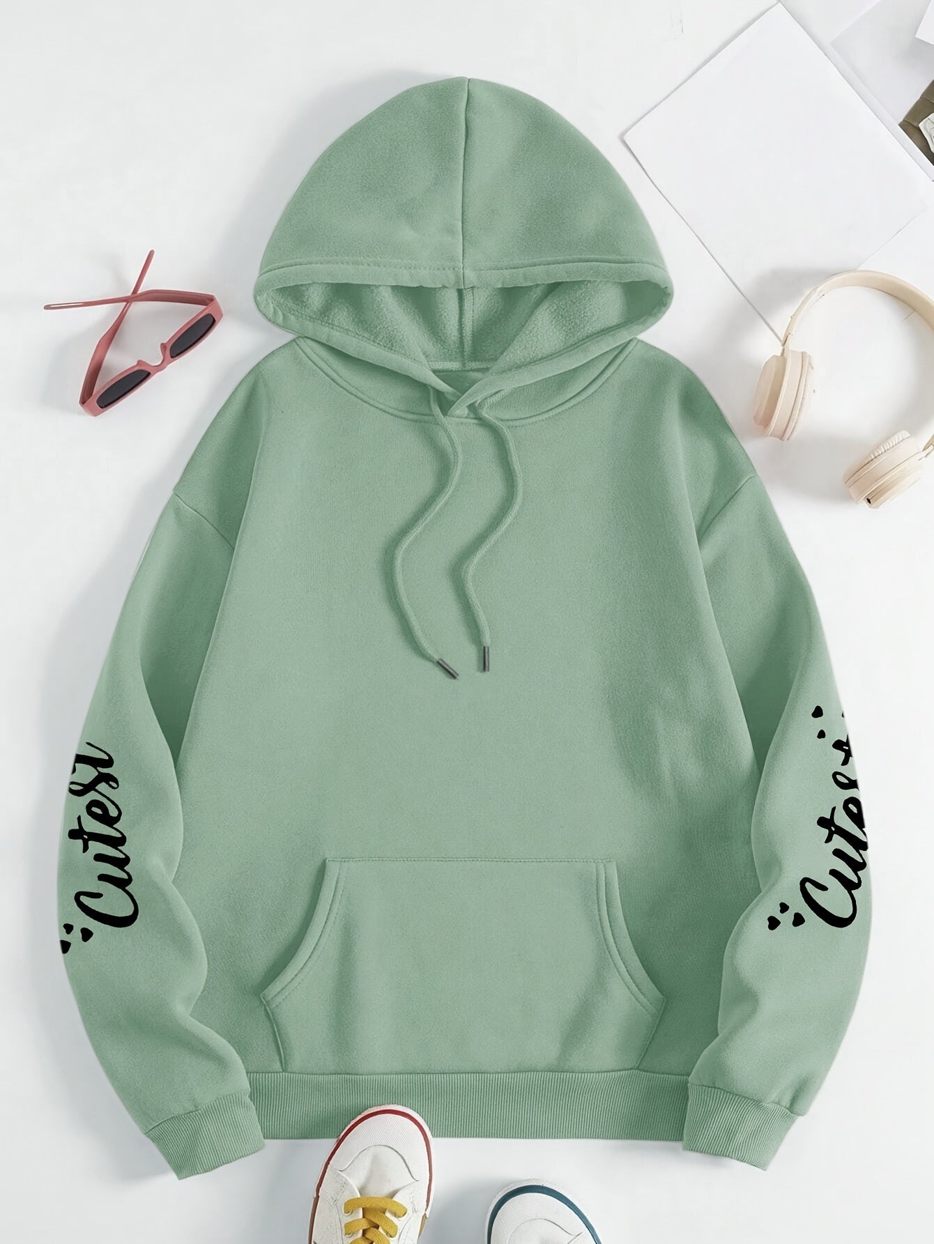 Толстовка с крупным принтом букв Plus Size Crazy для женщин, с длинными рукавами, повседневная, с капюшоном и карманами на шнурке