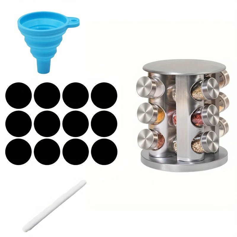 Круглосуточная вращающаяся стойка для специй из нержавеющей стали, вмещает 12-20 банок с этикетками и воронкой