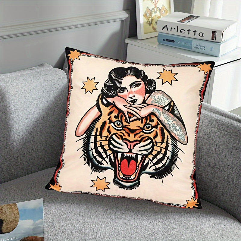 Funda de cojín cuadrada con diseño moderno de tigre y figura, de poliéster suave, 45,72x45,72 cm