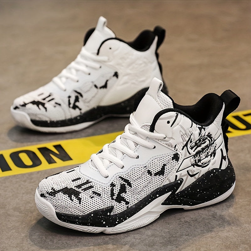 Boys Woven Basketball Shoes Mid Top Lace Up Non Slip All Season Sneakers