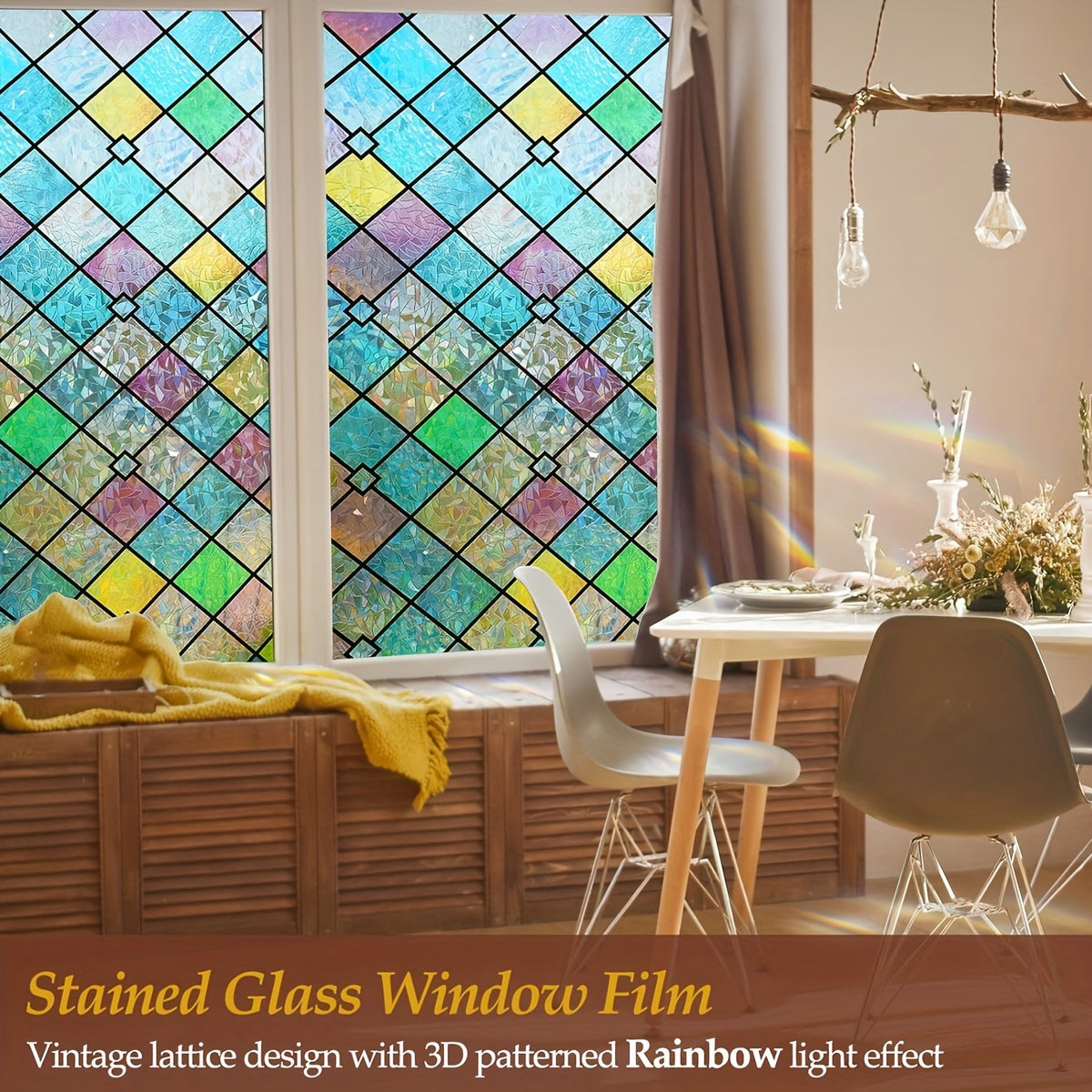 Frosted Privacy Window Film with Crescent & Diamond Pattern, Heat Control, No-Glue, Semi-Transparent, 9mil PVC