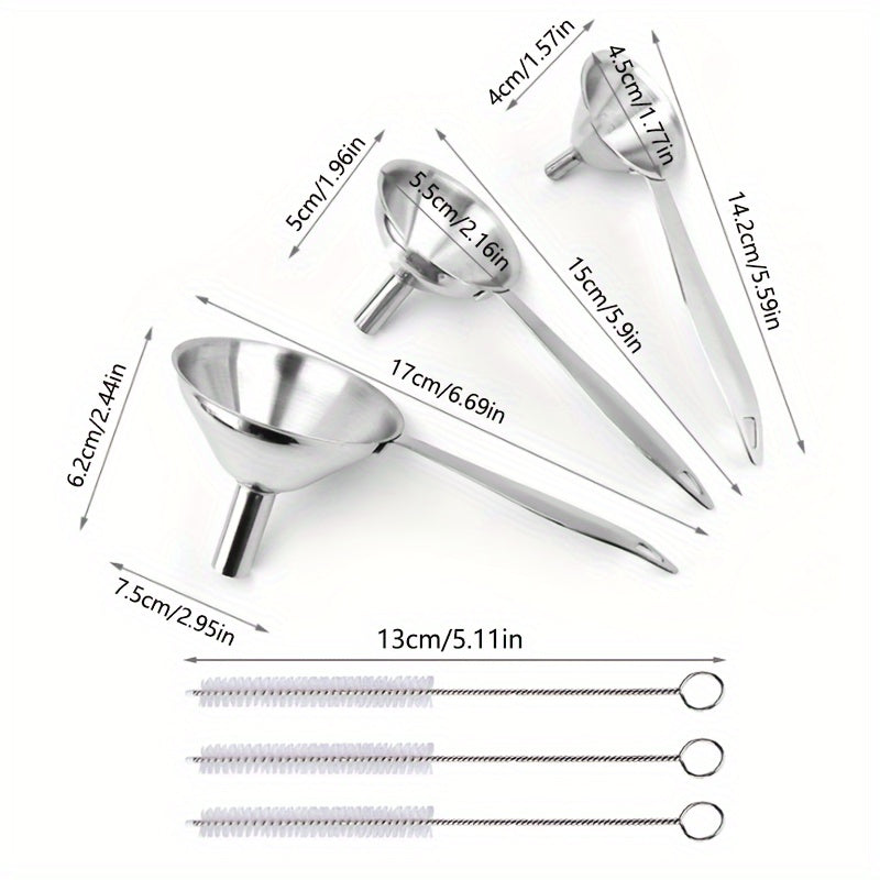 Set of 6 Stainless Steel Funnels with Long Handles and Brushes for Oil and Wine Transfer