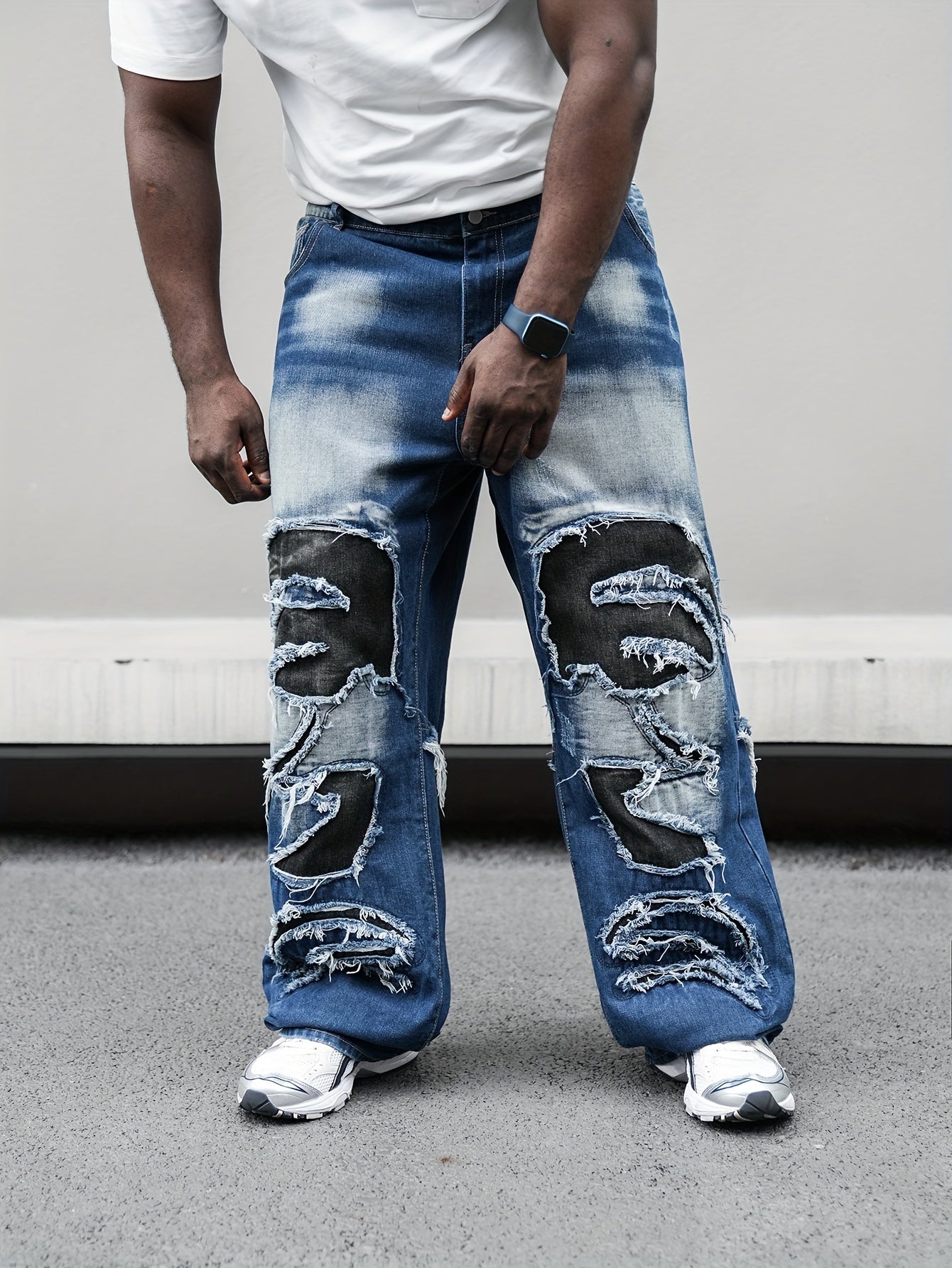 Erkaklar uchun Plus o'lchamdagi to'g'ri oyoqli denim shimlar, geometrik patchwork va yuvilgan to'liq rang