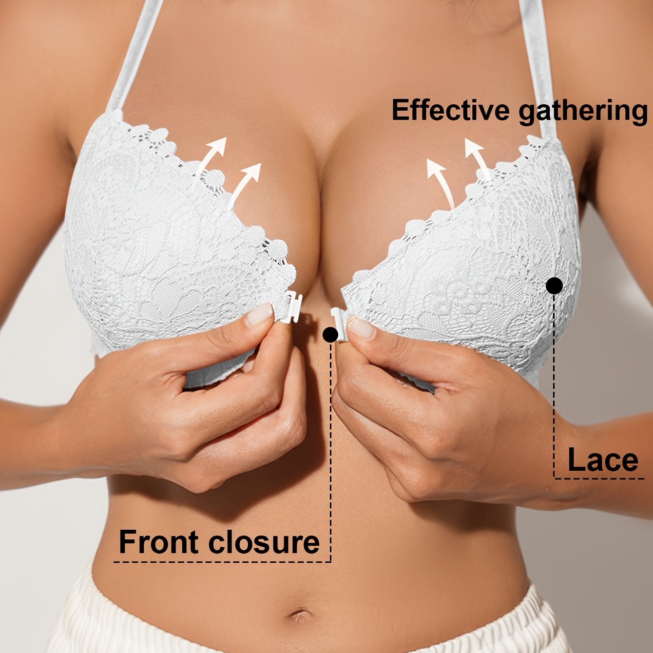 Lace Push-Up Bra with Front Closure Breathable Non-Removable Pads for Women