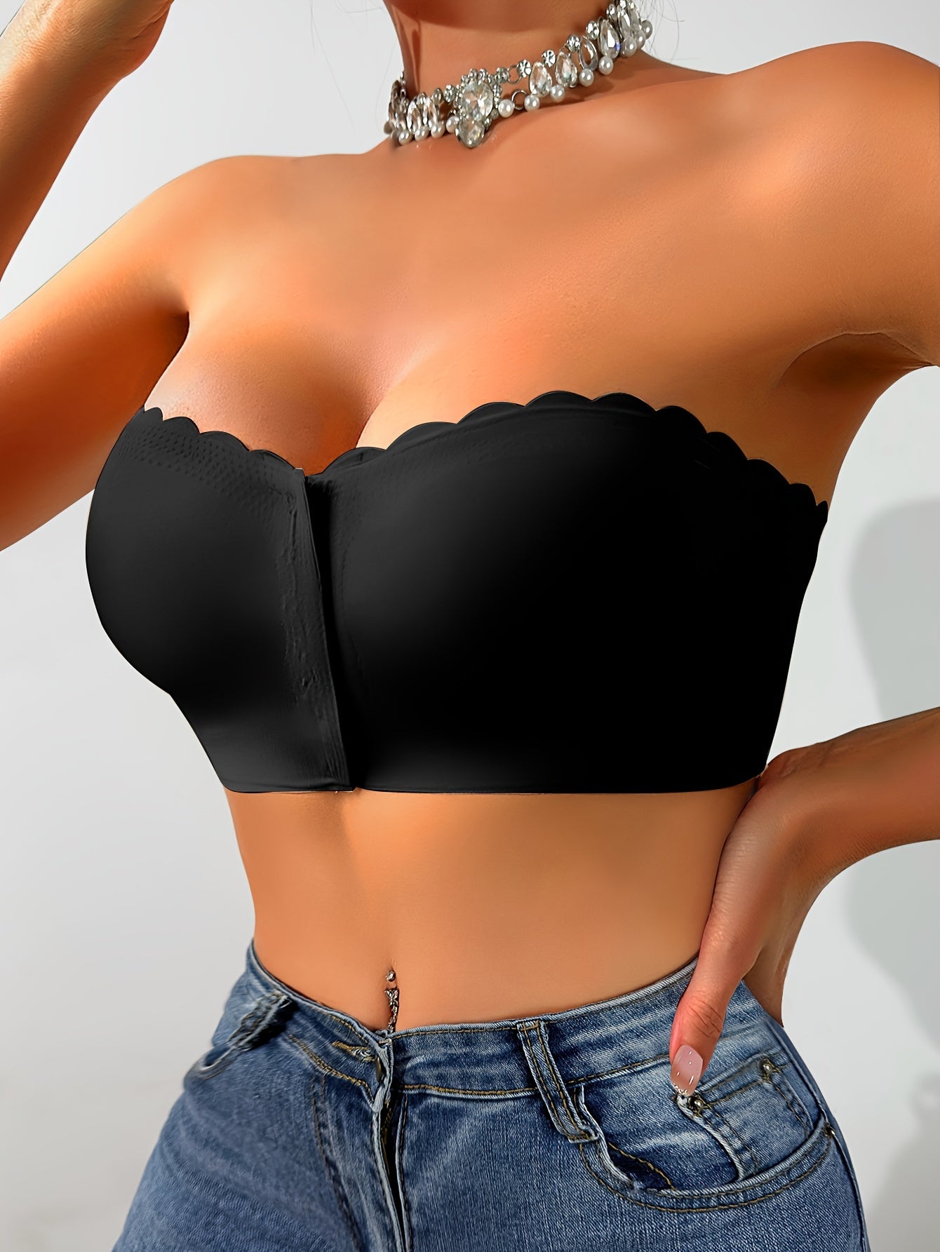 Women's Solid Color Wave-Edge Strapless Front Closure Bra