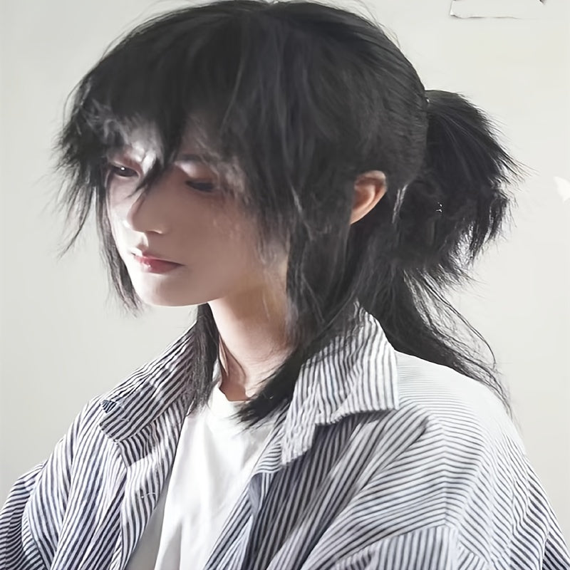 Долговечный и стильный парик для мужчин в стиле аниме, вдохновленный боевыми искусствами - Фанковый черный волокнистый волос, прямые волосы для косплея.
