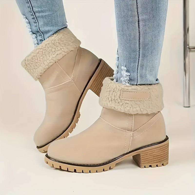 Women's Plush-Lined Chunky Heel Ankle Boots Solid Color Slip-On Winter Booties