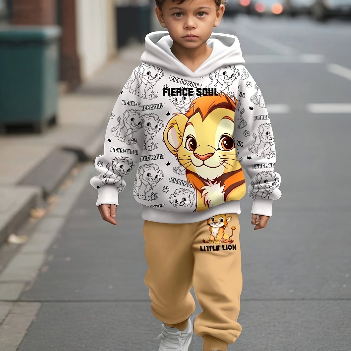 Boys' Fall Winter Lion Print Hoodie and Sweatpants Set Kids Casual Animal Pattern Polyester